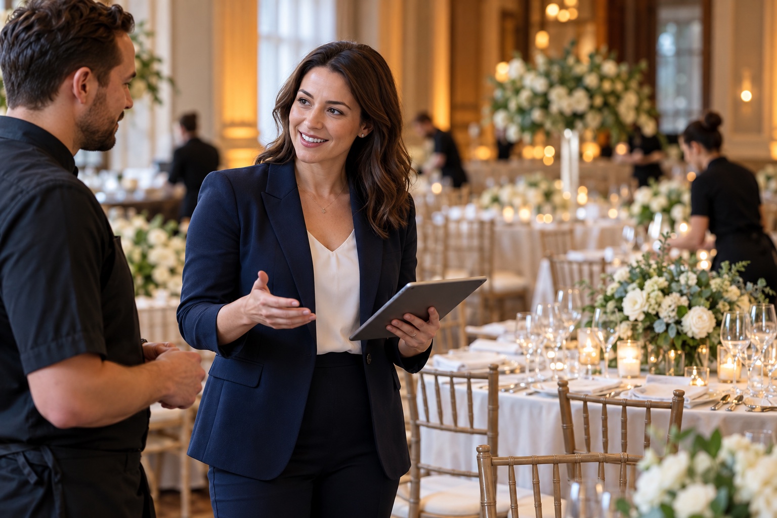 Organizadora con una tablet coordinando los preparativos de una recepción con el responsable del salón